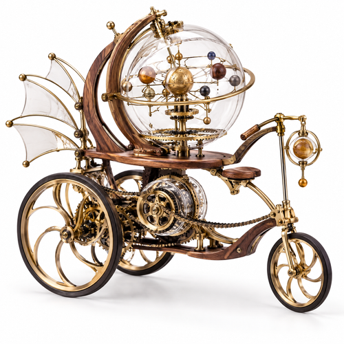 ORVAITOLEY® Steampunk Orrery – full product on white background, right 3/4 angle showing walnut tricycle with brass gears, glass solar system globe, bat-wing left sail, Saturn pendant on right handlebar