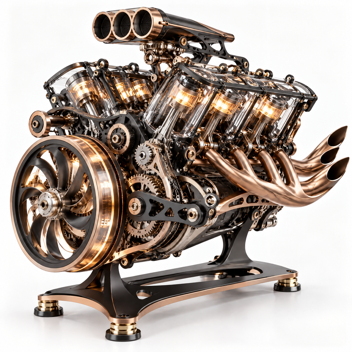 ORVAITOLEY® V8 Engine Model – full product on pure white background, right 3/4 angle showing copper-black V8 with 8 glowing LED cylinders, copper exhaust headers, turbo fan wheel, gear chain drive and black display stand
