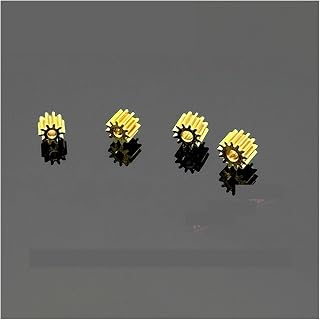 Four gold replacement pinion gears – spare parts included – four small gold metal spur gears on grey background showing precision machined teeth and centre bore
